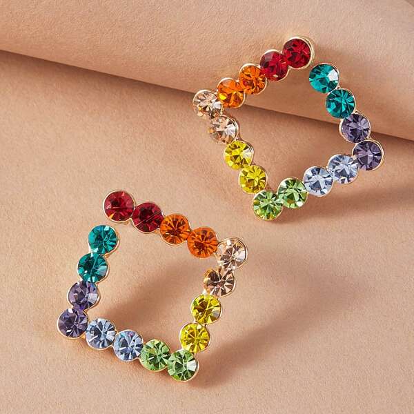 

1pair Rhinestone Engraved Square Stud Earrings, Multicolor