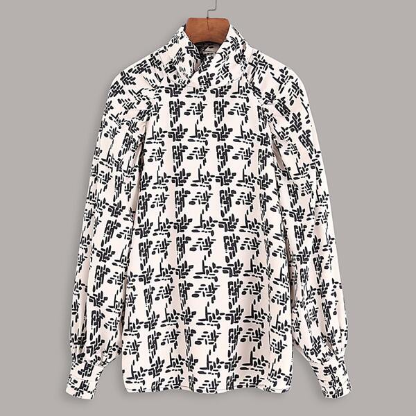 

All Over Print Keyhole Back Raglan Sleeve Blouse, Black and white