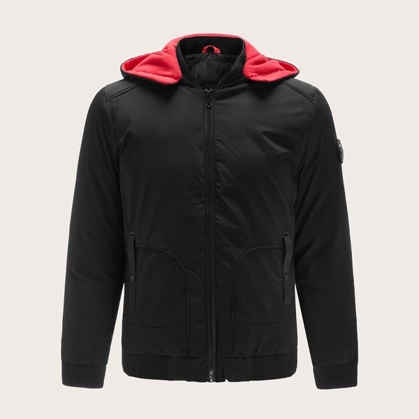 

Men Flap Pocket Zip Up Hooded Coat, Black