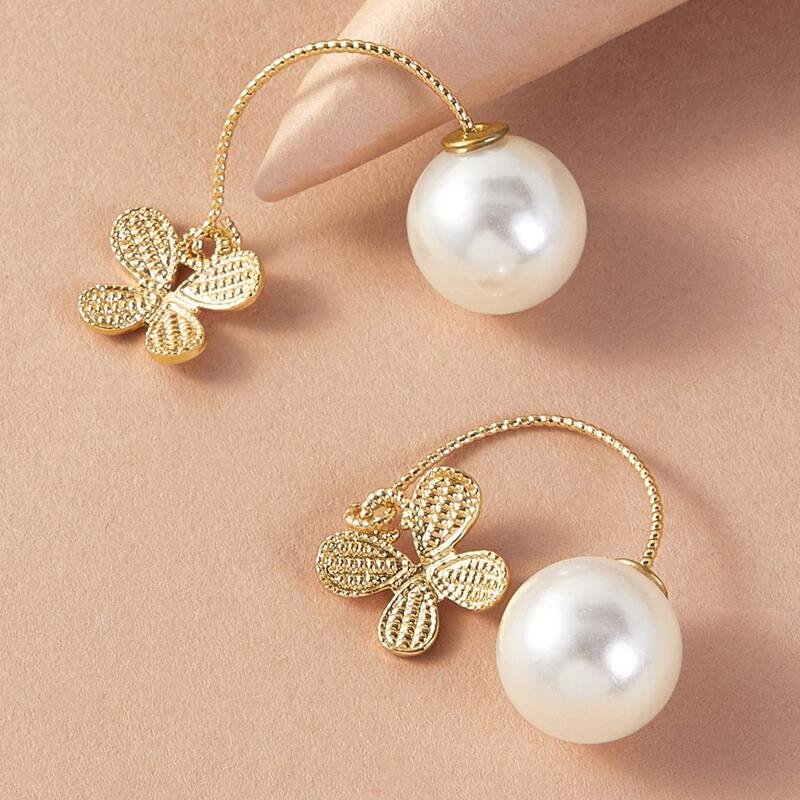 

1pair Faux Pearl & Butterfly Decor Double Stud Earrings, Gold