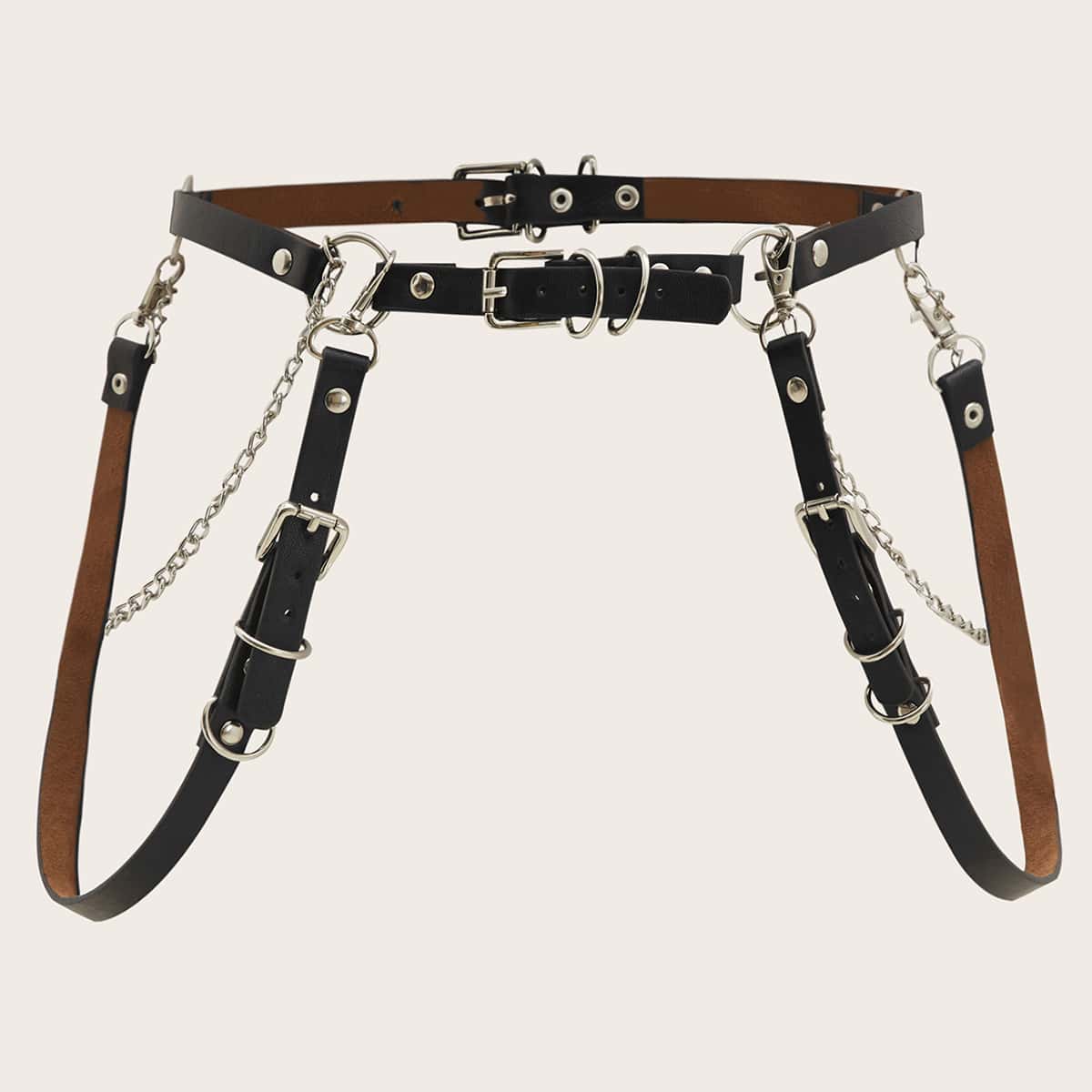

Chain & Rivet Decor Buckle Belt, Black