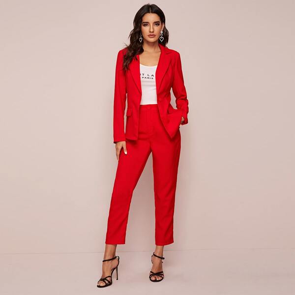 

Single Button Blazer And Tailored Pants Set, Red bright