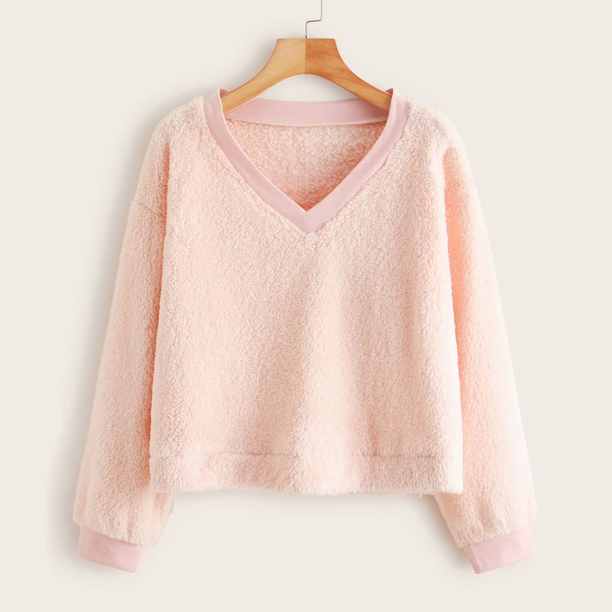 

Solid V-neck Teddy Sweatshirt, Pink