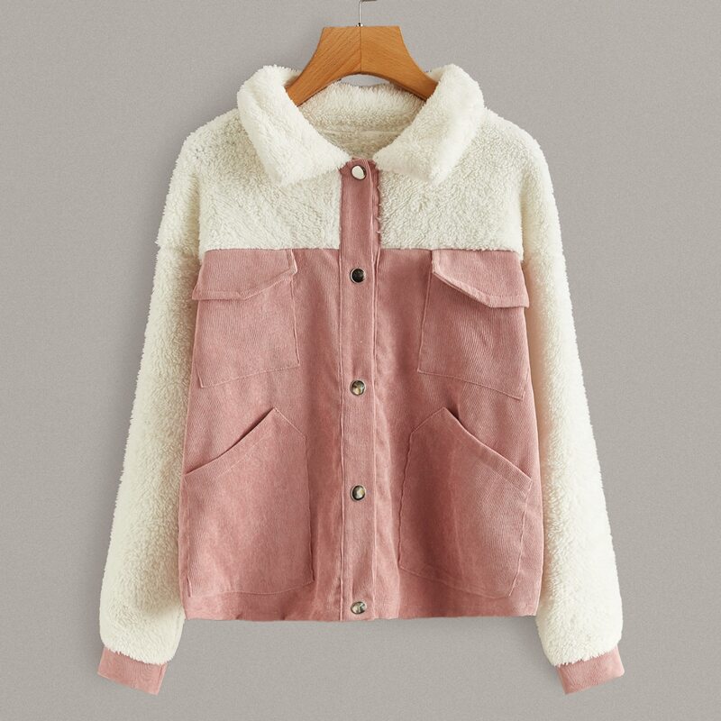 

Snap Button Corduroy Panel Teddy Jacket, Multicolor