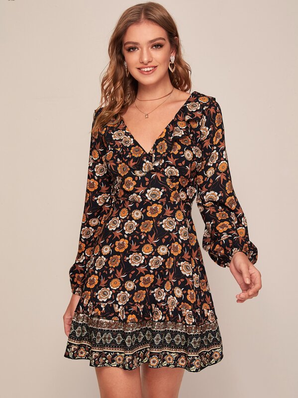 

Floral Print Bishop Sleeve Ruffle Trim A-line Dress, Multicolor, Luiza