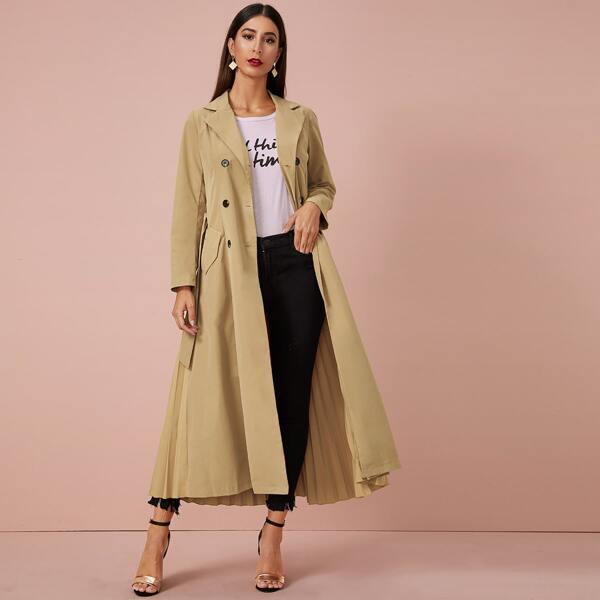 

Pleated Hem Self Tie Trench Coat, Khaki