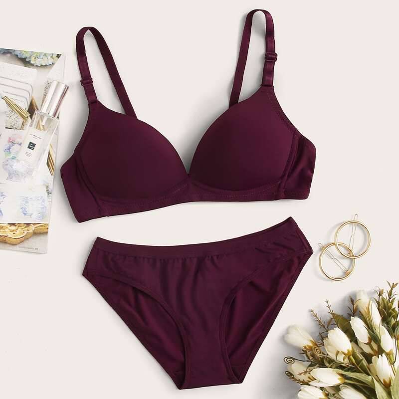 

Solid Adjustable Strap Lingerie Set, Burgundy