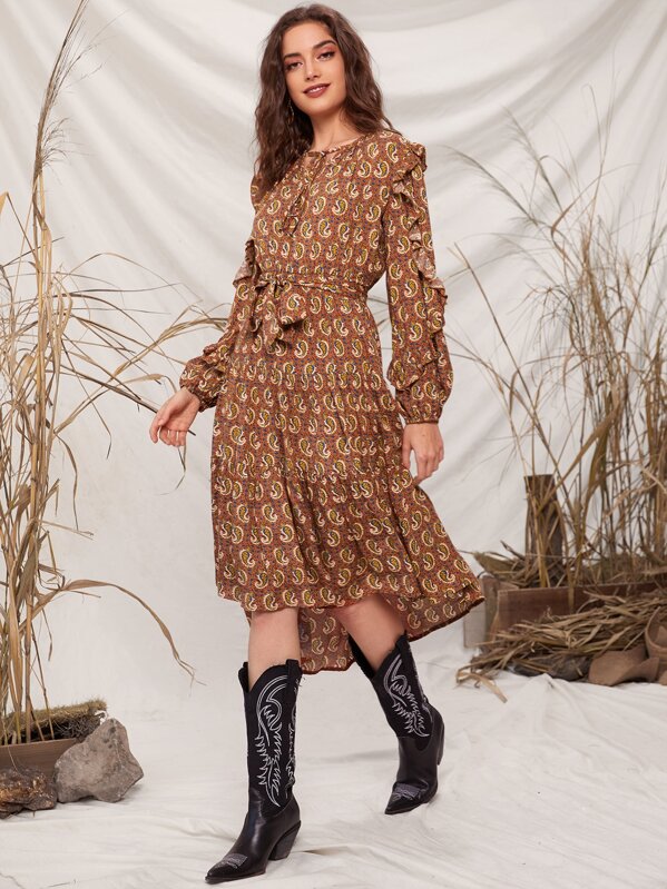 

Paisley Print Ruffle Trim Belted Dress, Multicolor, Dayannne