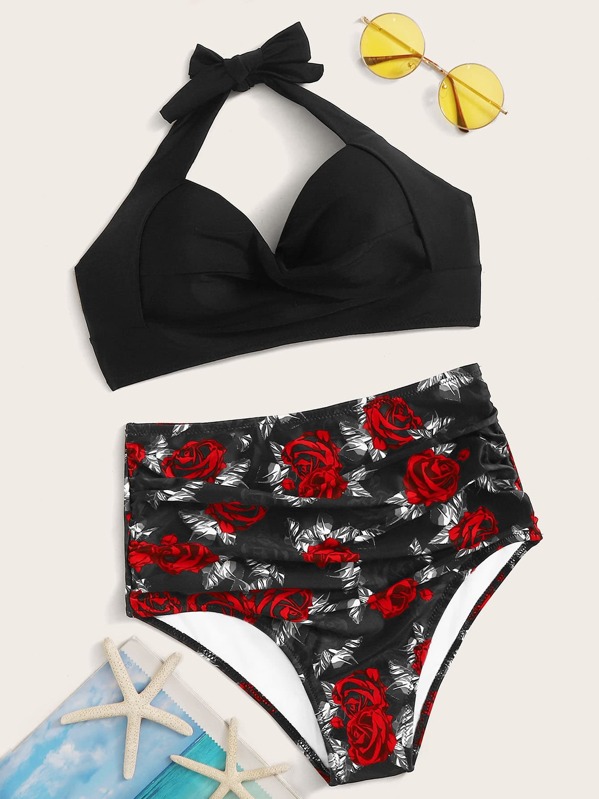 

Underwire Top With Floral Print High Waist Bikini, Multicolor