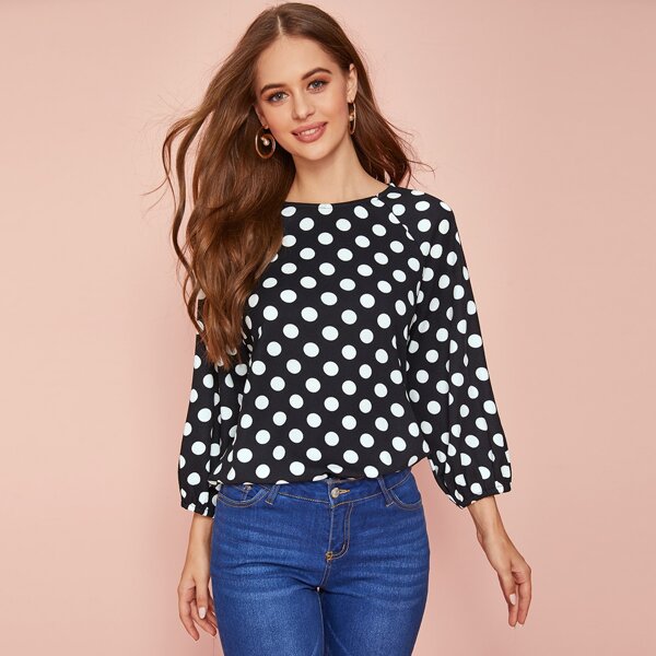 

Polka Dot Print Raglan Sleeve Top, Black and white