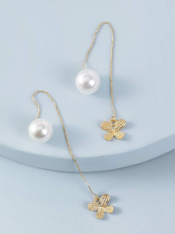 

1pair Faux Pearl & Butterfly Decor Chain Threader Earrings, Gold