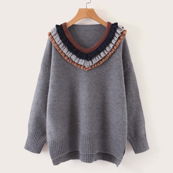 

Lettuce Frill High Low Split Hem Sweater, Grey