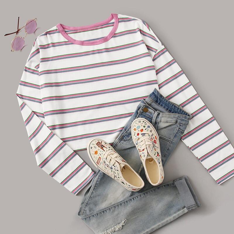 

Striped Drop Shoulder Long Sleeve Tee, Multicolor