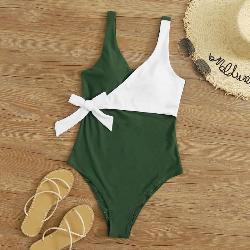 

Two Tone Tie Waist One Piece Swimwear, Army green