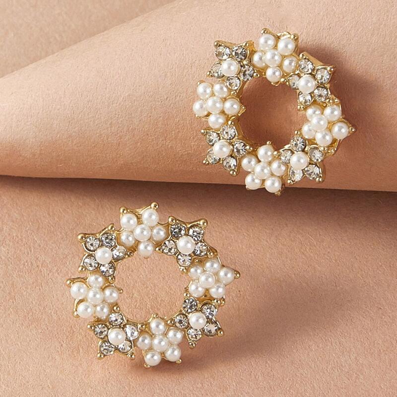 

1pair Faux Pearl & Rhinestone Decor Hoop Earrings, Gold