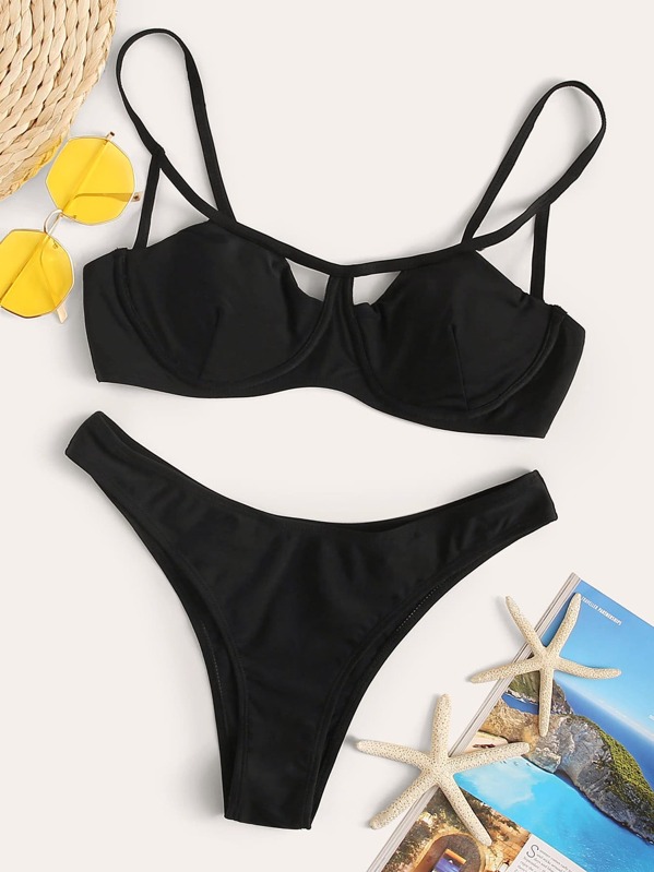 

Solid Underwire Top With High Cut Bikini Set, Black
