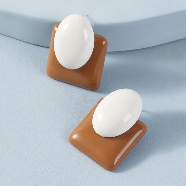 

1pair Two Tone Geometric Stud Earrings, Multicolor