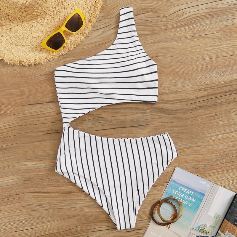 

Striped Random Print Cut-out One Piece Swimwear, Black and white