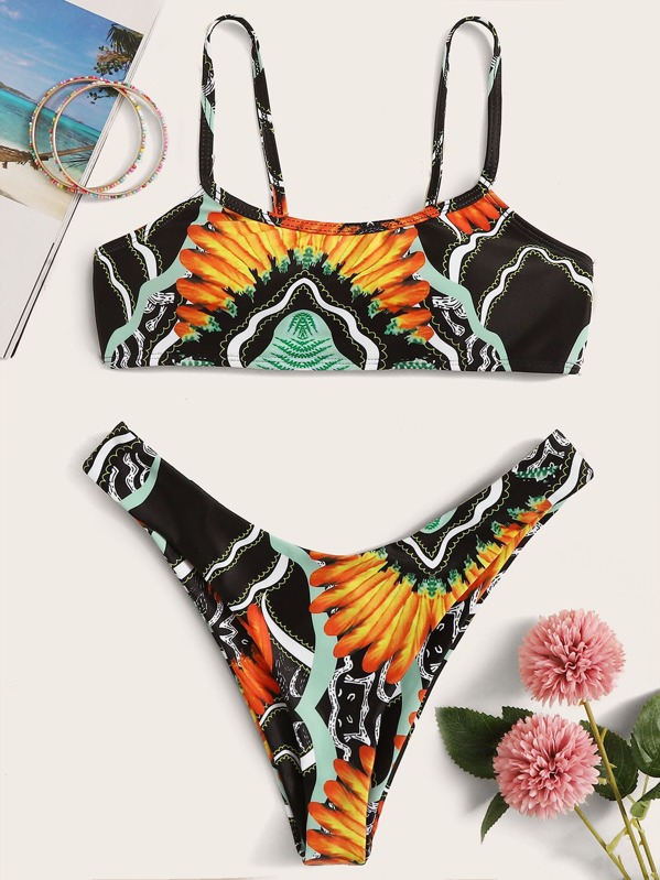 

Graphic Random Print Top With High Cut Bikini Set, Multicolor