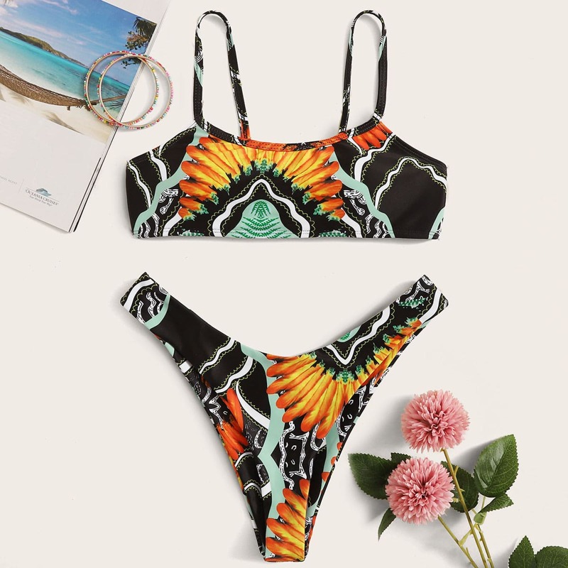 

Graphic Random Print Top With High Cut Bikini Set, Multicolor