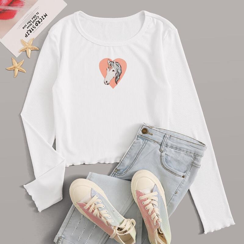 

Unicorn Print Lettuce Trim Ribbed Tee, White