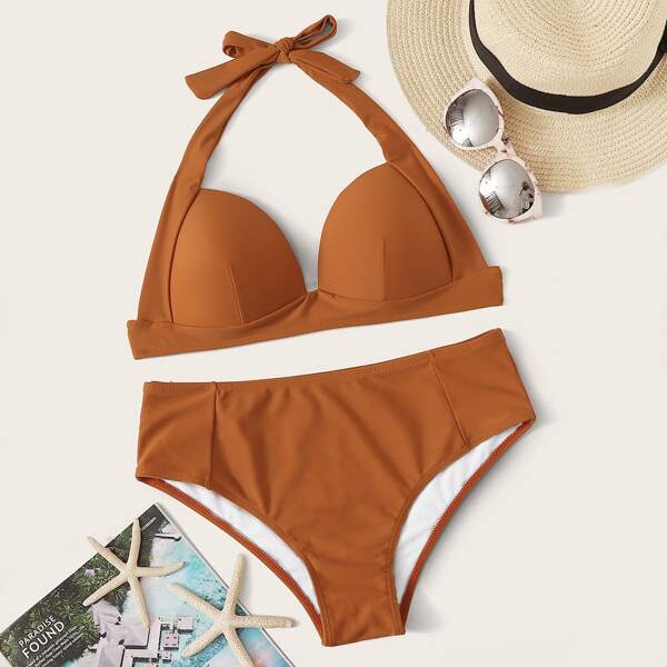 

Solid Halter Bikini Set, Orange