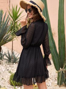 Swiss Dot Flounce Sleeve Chiffon Dress - Black - View 2