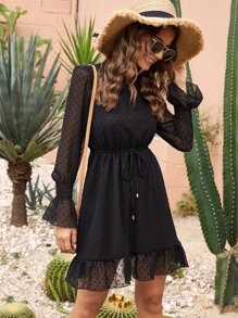 Swiss Dot Flounce Sleeve Chiffon Dress - Black - View 6