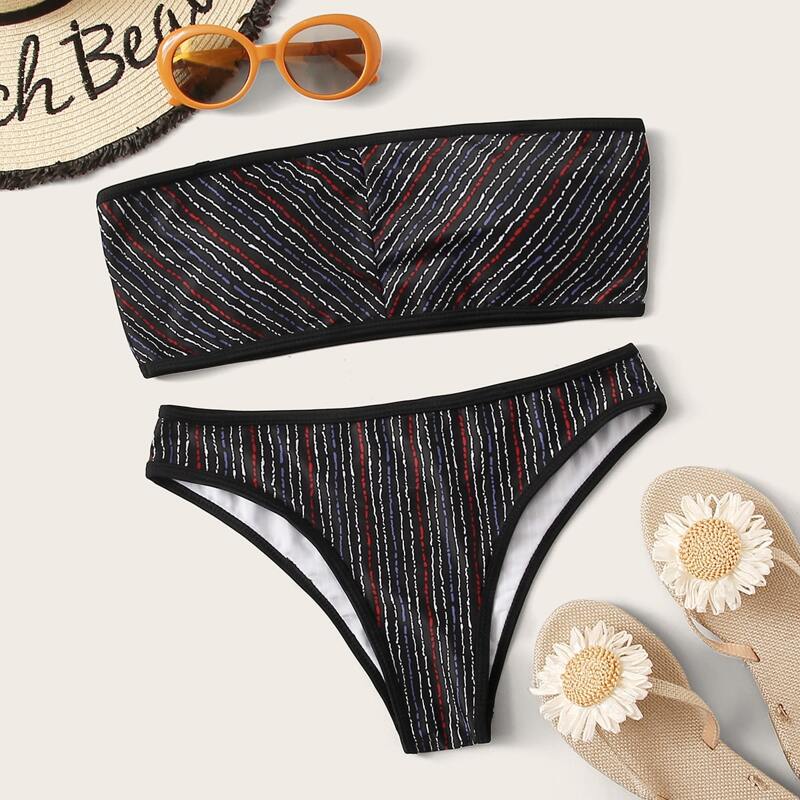 

Striped Print Bandeau Bikini Set, Black