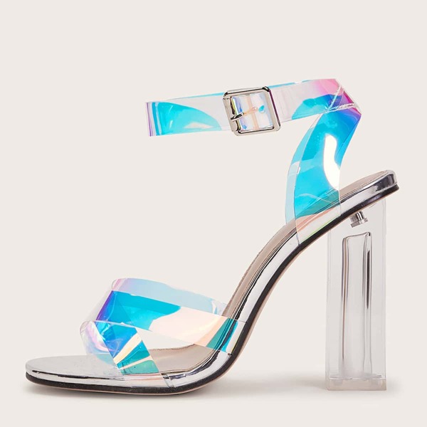 

Holographic Detail Ankle Strap Chunky Heels, Multicolor