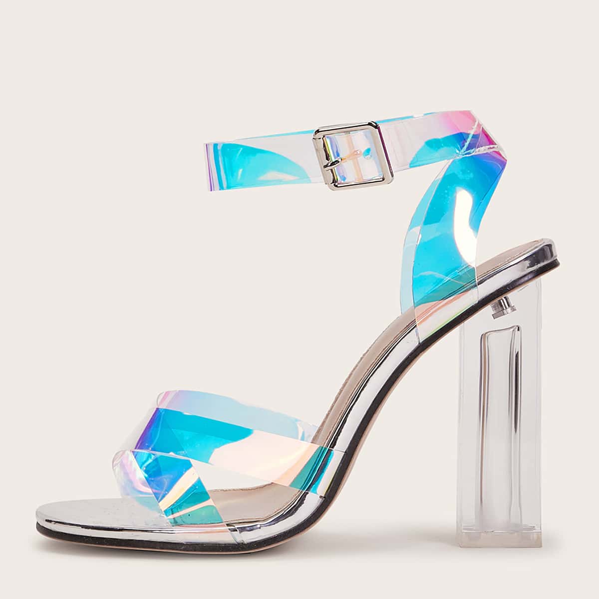 

Holographic Detail Ankle Strap Chunky Heels, Multicolor