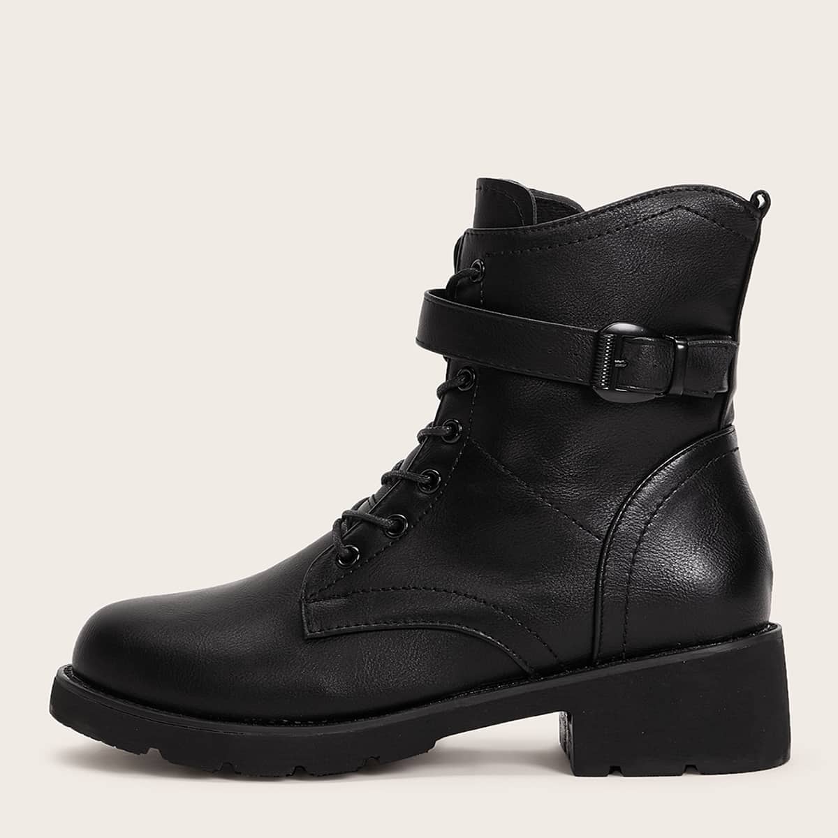 

Buckle Decor Lace-up Combat Boots, Black