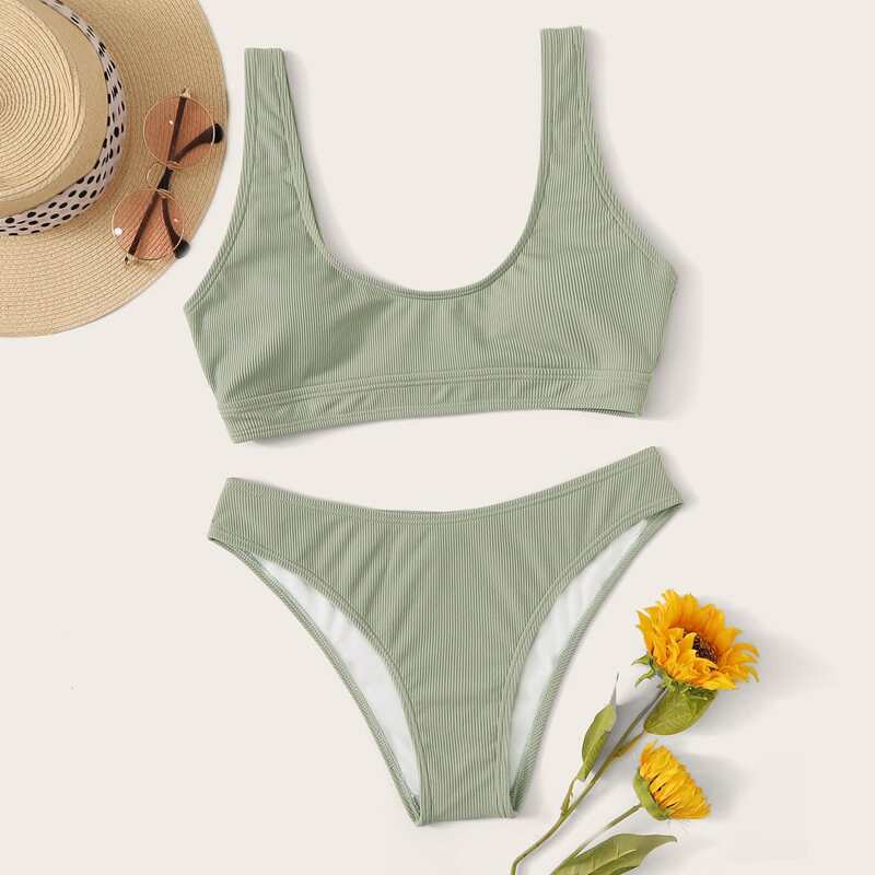 

Ribbed Top With High Cut Bikini Set, Green