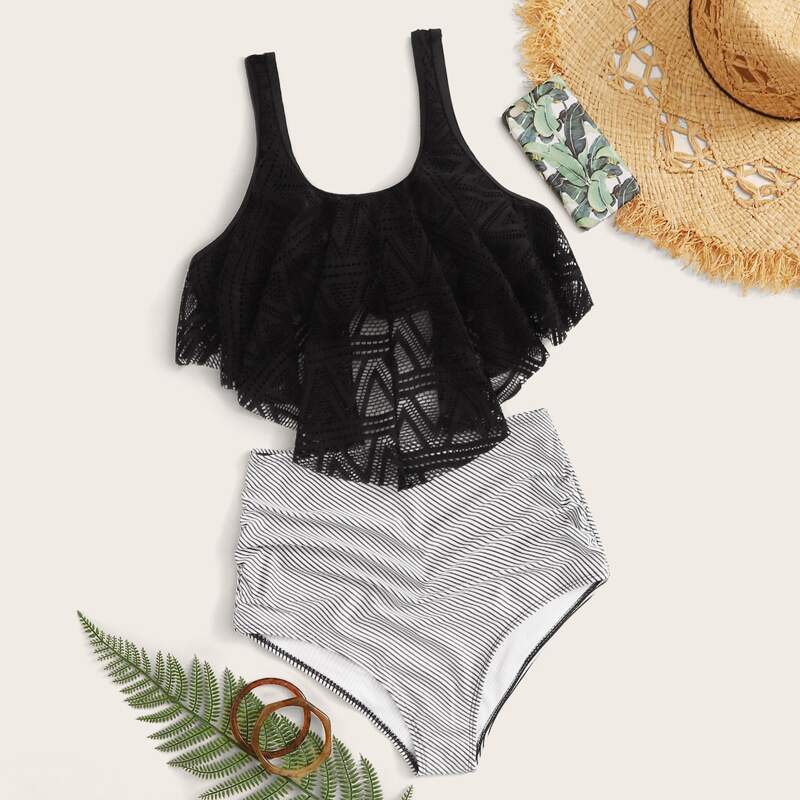 

Striped Hanky Hem High Waist Bikini Swimsuit, Black and white