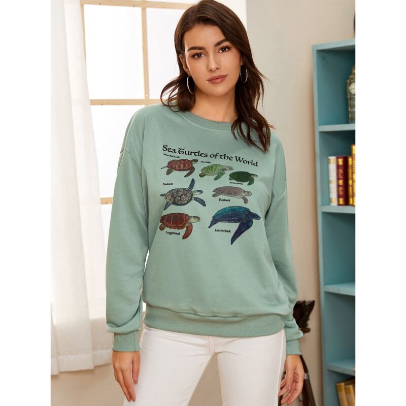 

Turtle Graphic Crew Neck Sweatshirt, Green