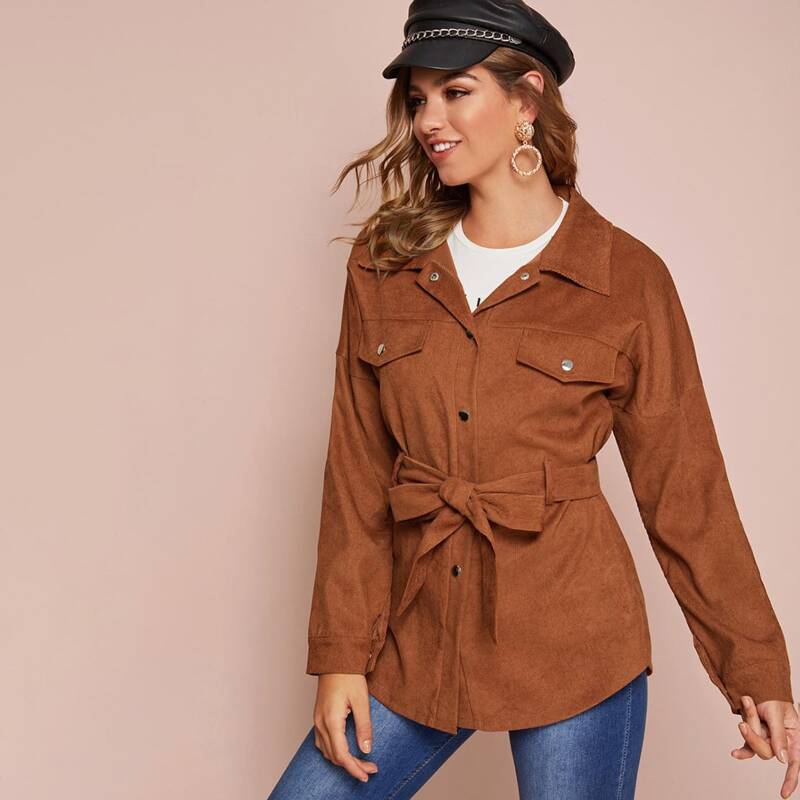 

Fake Flap Pockets Self Tie Corduroy Coat, Brown