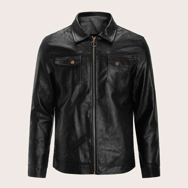 

Men Flap Pocket Zip Up PU Jacket, Black