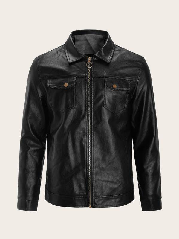 

Men Flap Pocket Zip Up PU Jacket, Black