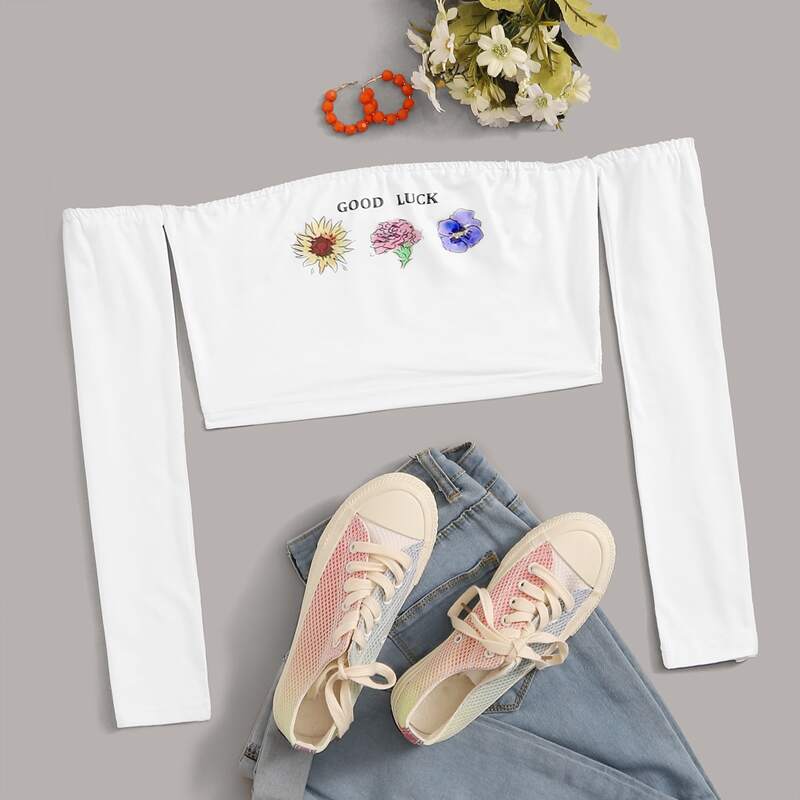 

Floral & Letter Graphic Bardot Crop Tee, White
