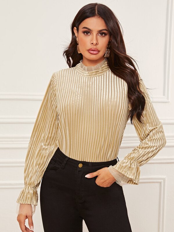 

Contrast Mesh Flounce Sleeve Corduroy Blouse, Yellow, Andy