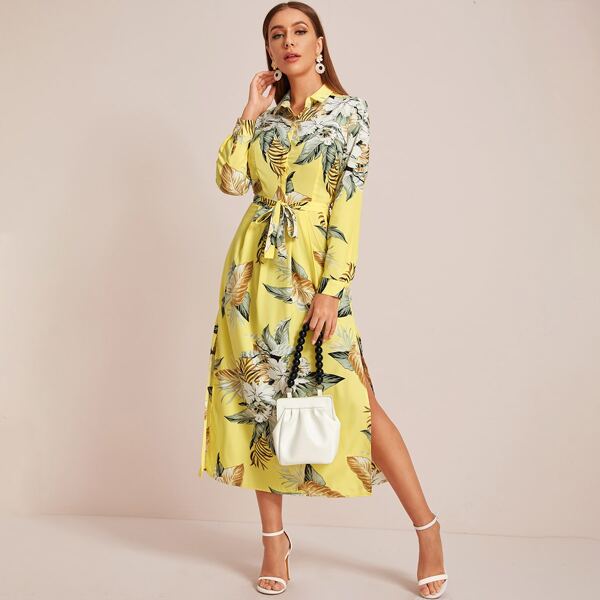 

Floral Print Belted Shirt Dress, Yellow