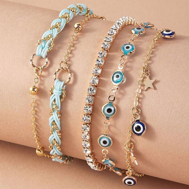 

4pccs Eye & Star Charm Chain Bracelet Set, Multicolor