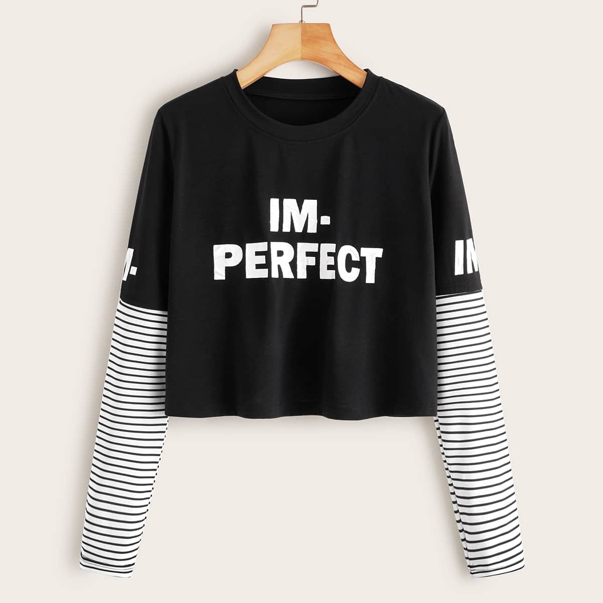 

2 In 1 Letter Graphic Striped Panel Tee, Black and white