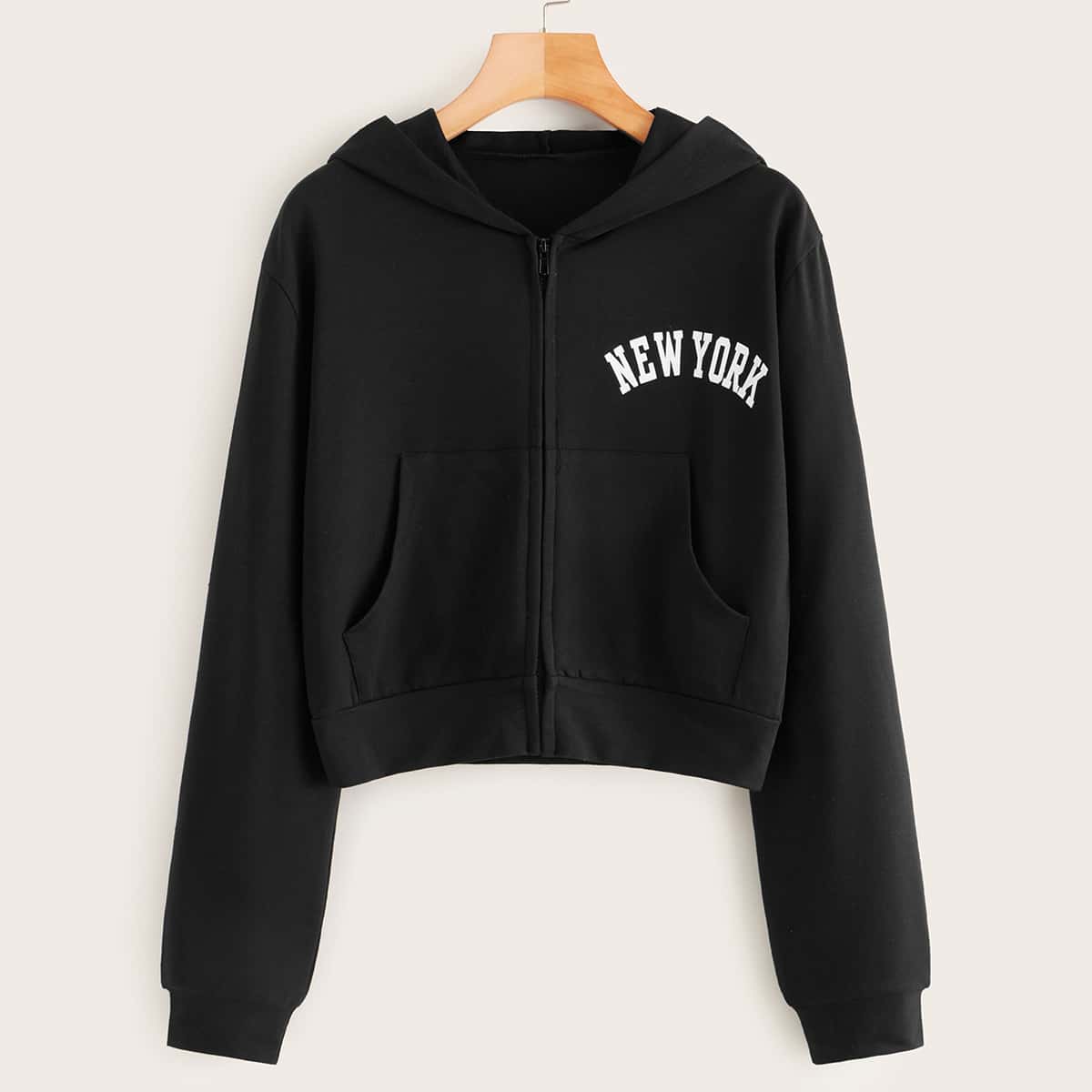 

Letter Graphic Zip Up Hoodie, Black