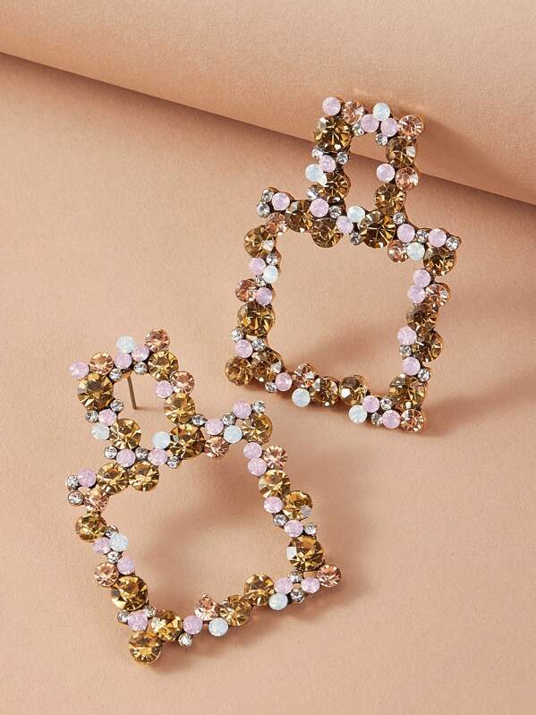 

1pair Rhinestone Engraved Open Rectangle Earrings, Multicolor