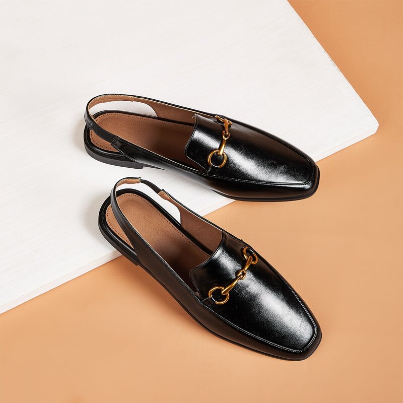 

Metal Detail Square Toe Slingback Flats, Black
