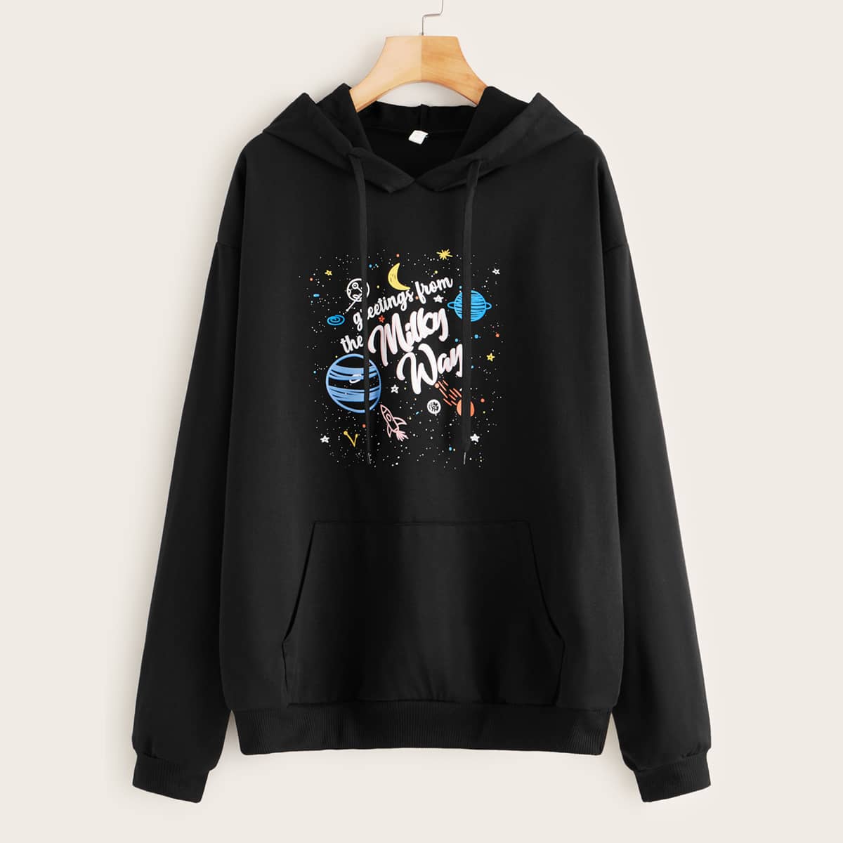 

Galaxy & Letter Graphic Drawstring Hoodie, Black