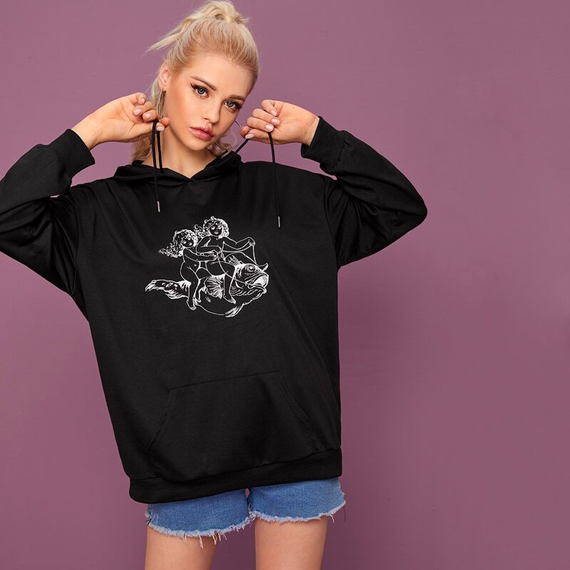 

Fish & Angel Print Kangaroo Pocket Drawstring Hoodie, Black
