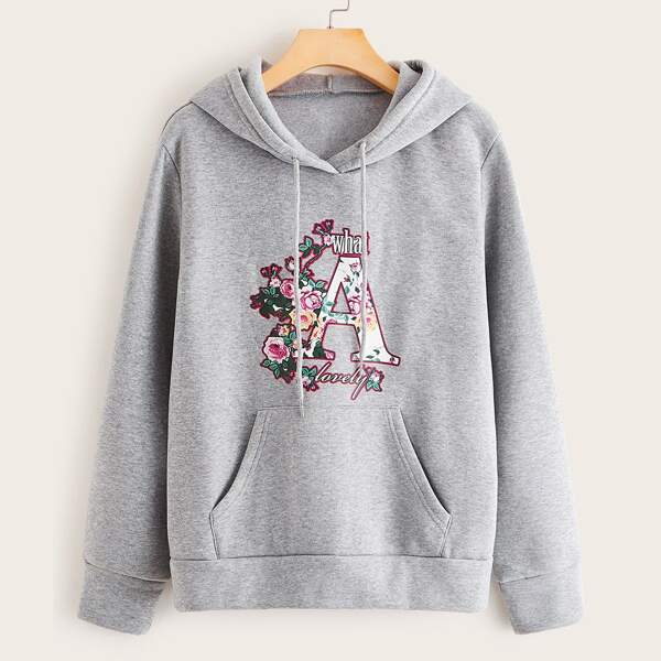 

Floral & Letter Graphic Kangaroo Pocket Hoodie, Grey