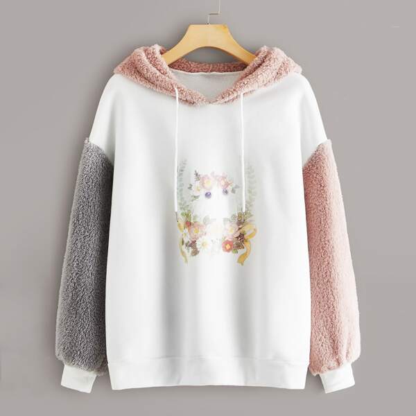 

Cartoon Print Contrast Teddy Hoodie, White